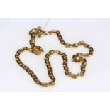 18 carat gold close chain link necklace, with cabochon sapphire set fastener, length 45cm.