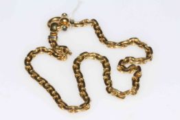 18 carat gold close chain link necklace, with cabochon sapphire set fastener, length 45cm.