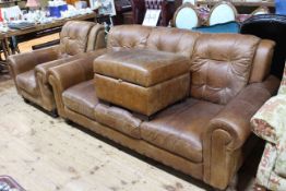 Barker & Stonehouse tan leather three seater settee, chair and box stool.