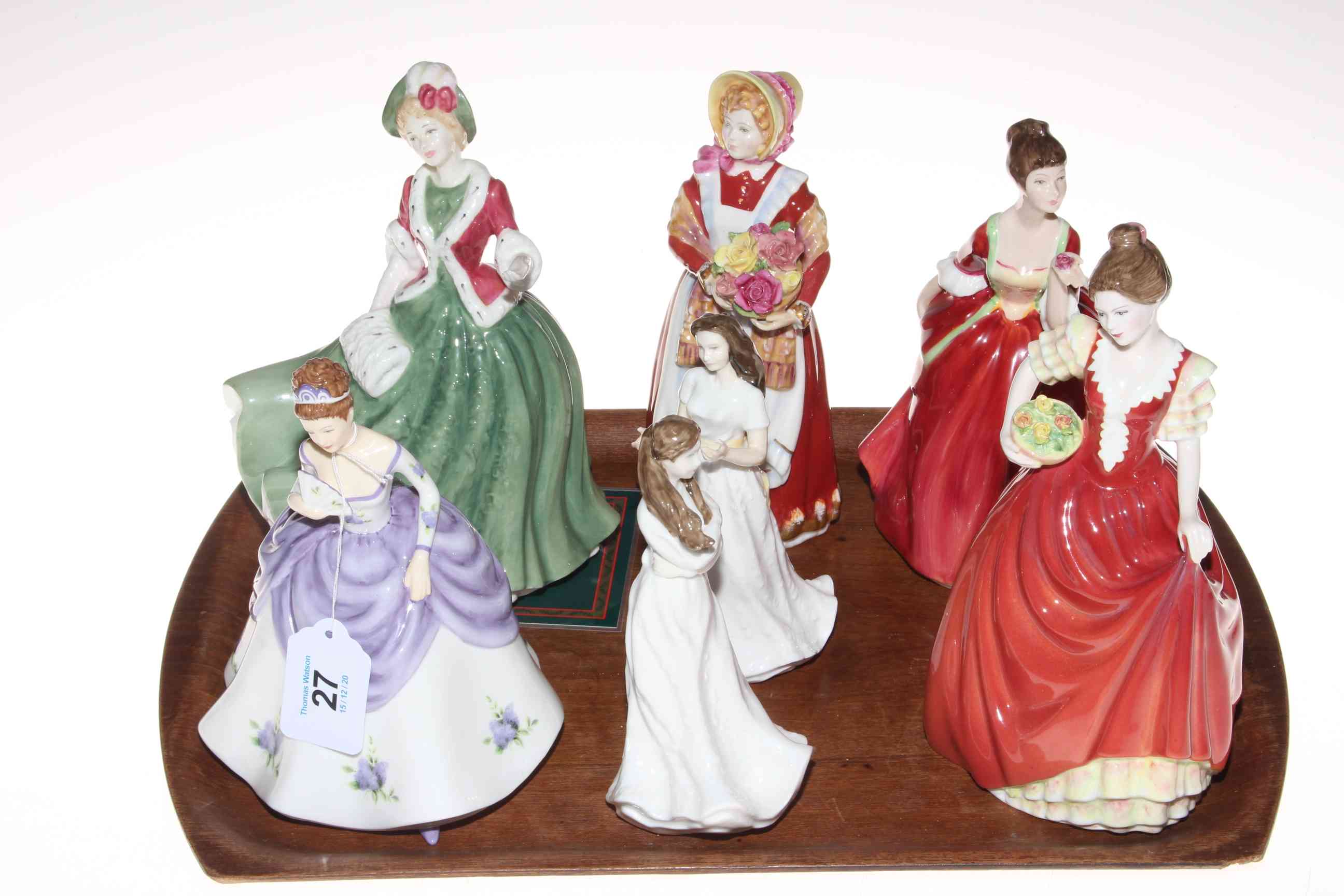 Six Royal Doulton figurines including Helen, Flower of Love, Old Country Roses,