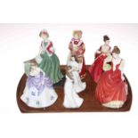 Six Royal Doulton figurines including Helen, Flower of Love, Old Country Roses,