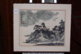 Chinese watercolour of a hillside cottage, 39cm by 49cm, in simulated bamboo frame.