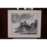 Chinese watercolour of a hillside cottage, 39cm by 49cm, in simulated bamboo frame.