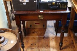 Stained Victorian single drawer side table on turned legs, 76cm by 73cm by 51cm.