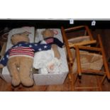 Three Alberon dolls, two Ty teddy bears and two chairs.