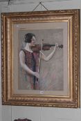 Large gilt framed pastel of a violin player, 103cm by 87cm overall.