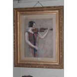 Large gilt framed pastel of a violin player, 103cm by 87cm overall.