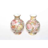 Pair small Japanese vases decorated with flowers, six character mark to base, 10cm.