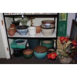 Collection of pottery, stoneware and other planters, bird baths, two window baskets, etc.