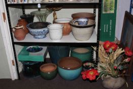 Collection of pottery, stoneware and other planters, bird baths, two window baskets, etc.