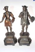 Pair of spelter figures on plinths depicting artists, 55cm high.