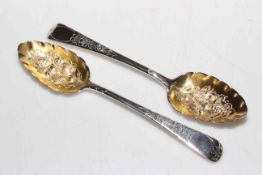 Pair George III silver berry spoons with gilt bowls, by Wallis and Hayner, London 1810.