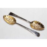 Pair George III silver berry spoons with gilt bowls, by Wallis and Hayner, London 1810.