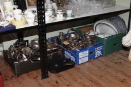 Three boxes of silver plated wares including teapots, goblets, jugs,