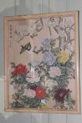 Chinese watercolour on silk of birds and flora, 69.5cm by 54cm, in glazed frame.