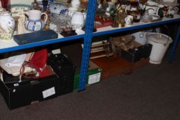 Two enamel slop pails, Singer skirt maker, folding camp table and stools, horsebrasses, handbags,