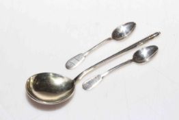 Russian Niello and silver spoon, hallmarked for 1865, together with pair of Russian teaspoons (3).