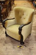 Early 20th Century carved frame easy chair in buttoned draylon.