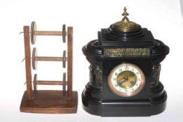 Victorian slate mantel clock, 36cm by 30cm, and a wool winder, 31cm by 12cm.