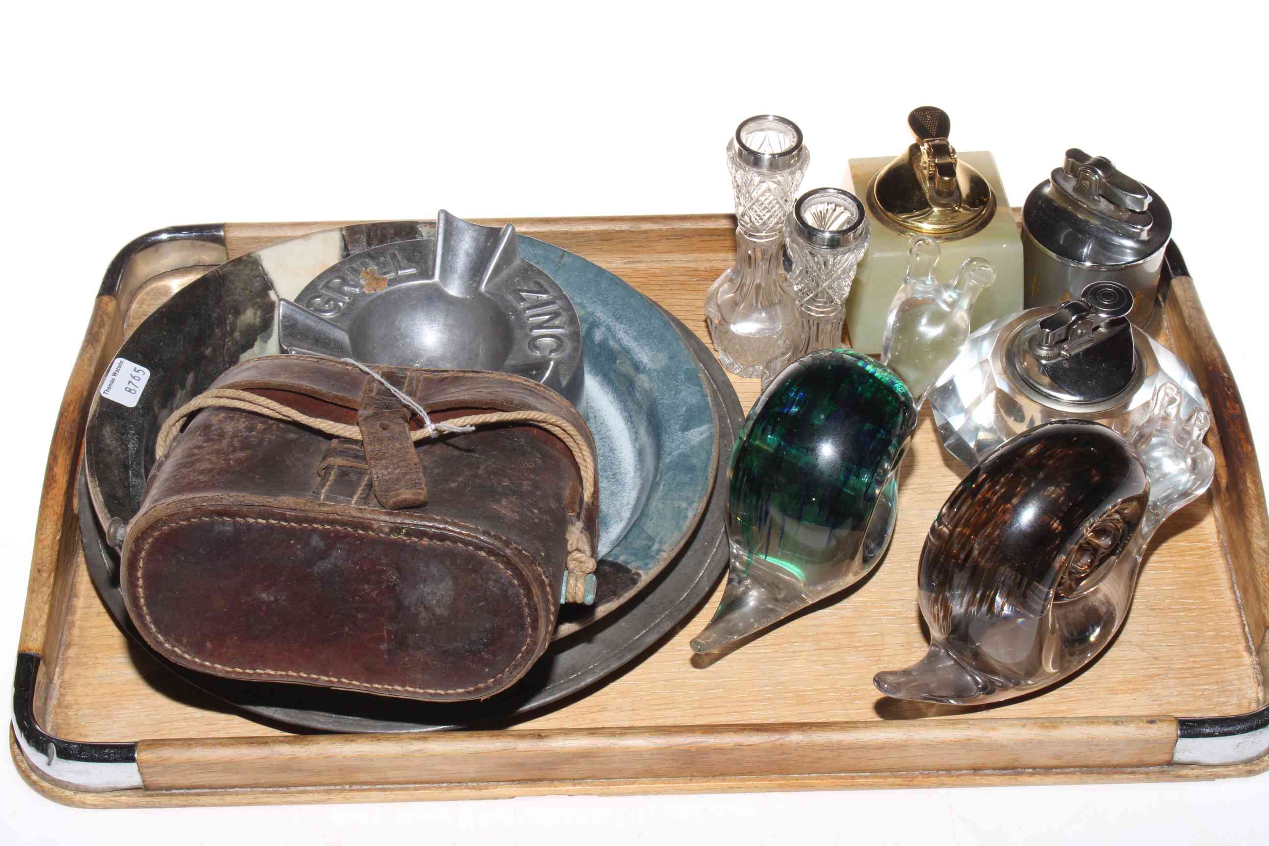 Pair of small silver topped vases, pair cased binoculars, two Wedgwood glass snail paperweights,