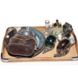 Pair of small silver topped vases, pair cased binoculars, two Wedgwood glass snail paperweights,