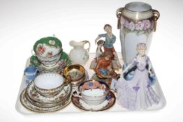 Coalport and Capodimonte figures, cabinet cups and saucers, Belleek jug.