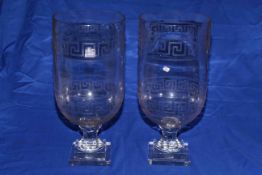 Pair large glass hurricane lamps with Grecian key border, 42cm.