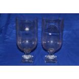 Pair large glass hurricane lamps with Grecian key border, 42cm.
