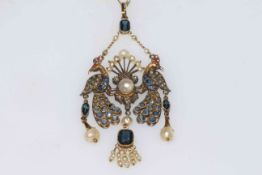 Fine 1920's double peacock pendant set with diamonds, sapphires, rubies and pearls,