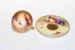 Royal Worcester fruit painted miniature cup and saucer, signed Lockyer and Cole,