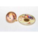 Royal Worcester fruit painted miniature cup and saucer, signed Lockyer and Cole,