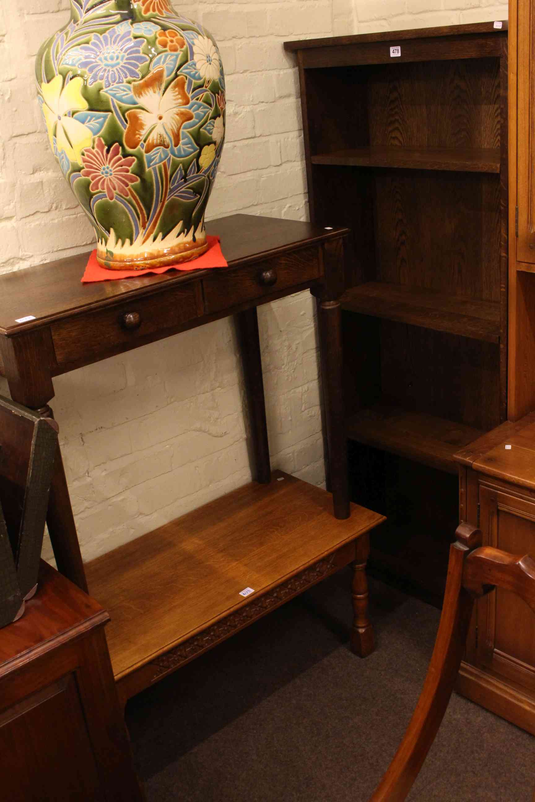 Four tier open bookcase, two drawer console table,