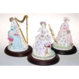 Three Royal Worcester figures 'Music', 'Painting' and 'Embroidery', on wood plinths,