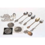 Pair Victorian silver menu holders, Birmingham 1895, silver pepper, spoons and coins.