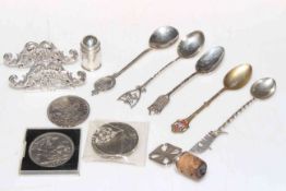 Pair Victorian silver menu holders, Birmingham 1895, silver pepper, spoons and coins.