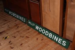 Pair vintage Wills Woodbines enamel signs, 122cm by 15cm.