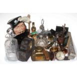 Tray of collectables including fan, watches, silver topped bottle, decanter, Doulton character jug,