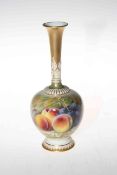 Royal Worcester Rickett fruit painted vase, having slender trumpet spill neck, signed,
