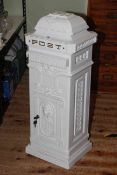 White painted metal post box with lion mask detail, with keys, 92cm high by 32cm deep by 36cm wide.