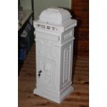 White painted metal post box with lion mask detail, with keys, 92cm high by 32cm deep by 36cm wide.