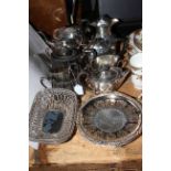 Collection of silver plated wares including teapots, bowls, jugs.