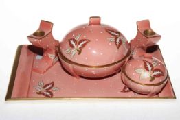 Carlton Ware Art Deco lustre dressing table set decorated with leaves on pink ground comprising