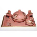 Carlton Ware Art Deco lustre dressing table set decorated with leaves on pink ground comprising