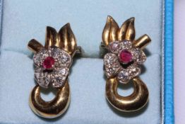 Pair ruby and diamond ear clips.