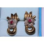 Pair ruby and diamond ear clips.