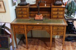 Edwardian mahogany and floral inlaid writing desk, the raised galleried back having eight drawers,