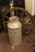 Vintage 12 spoke cartwheel, 89cm diameter, and zinc milk churn (2).