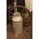Vintage 12 spoke cartwheel, 89cm diameter, and zinc milk churn (2).