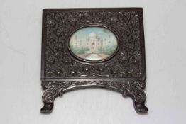 Oval miniature of Taj Mahal in foliate carved wood frame, image 4cm by 5cm.