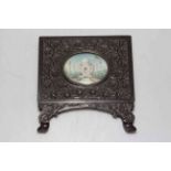 Oval miniature of Taj Mahal in foliate carved wood frame, image 4cm by 5cm.